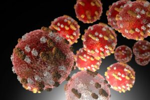 Measles virus particles before UV disinfection kills them. 